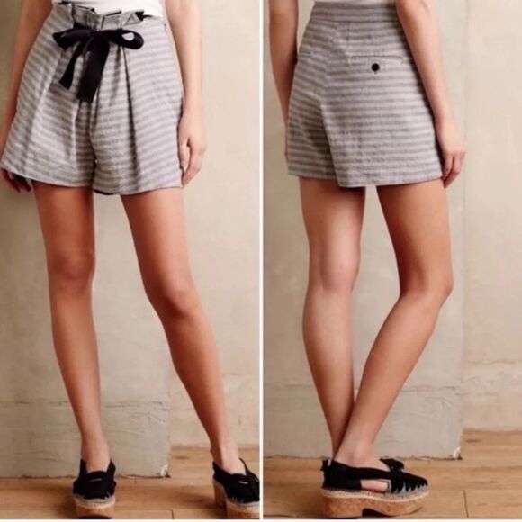 Anthropologie Elevenses Shorts Seaside White Gray Striped Size 4 small Bow - Picture 1 of 12